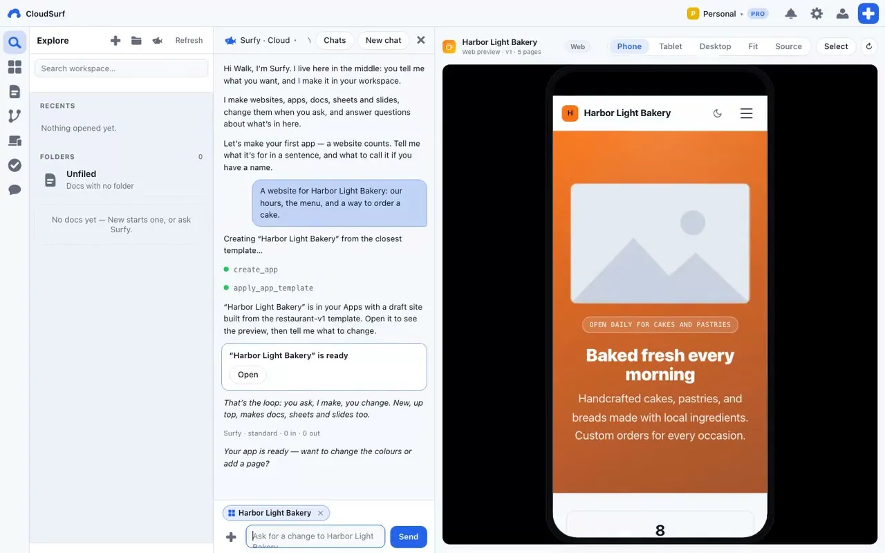 A real CloudSurf session: a request to Surfy becomes an app, with its preview beside the conversation